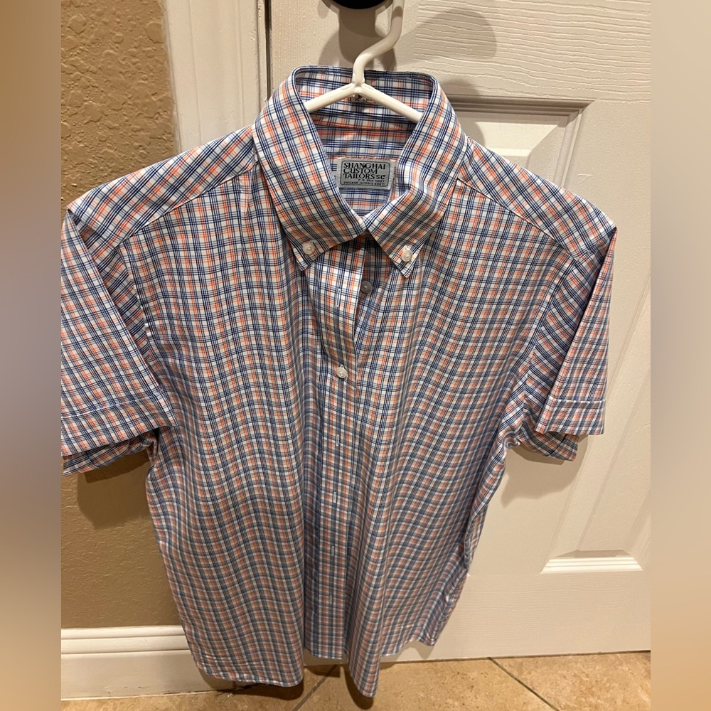 Custom made women’s Short-Sleeve Button-Down Plaid Shirt - Blue & Orange